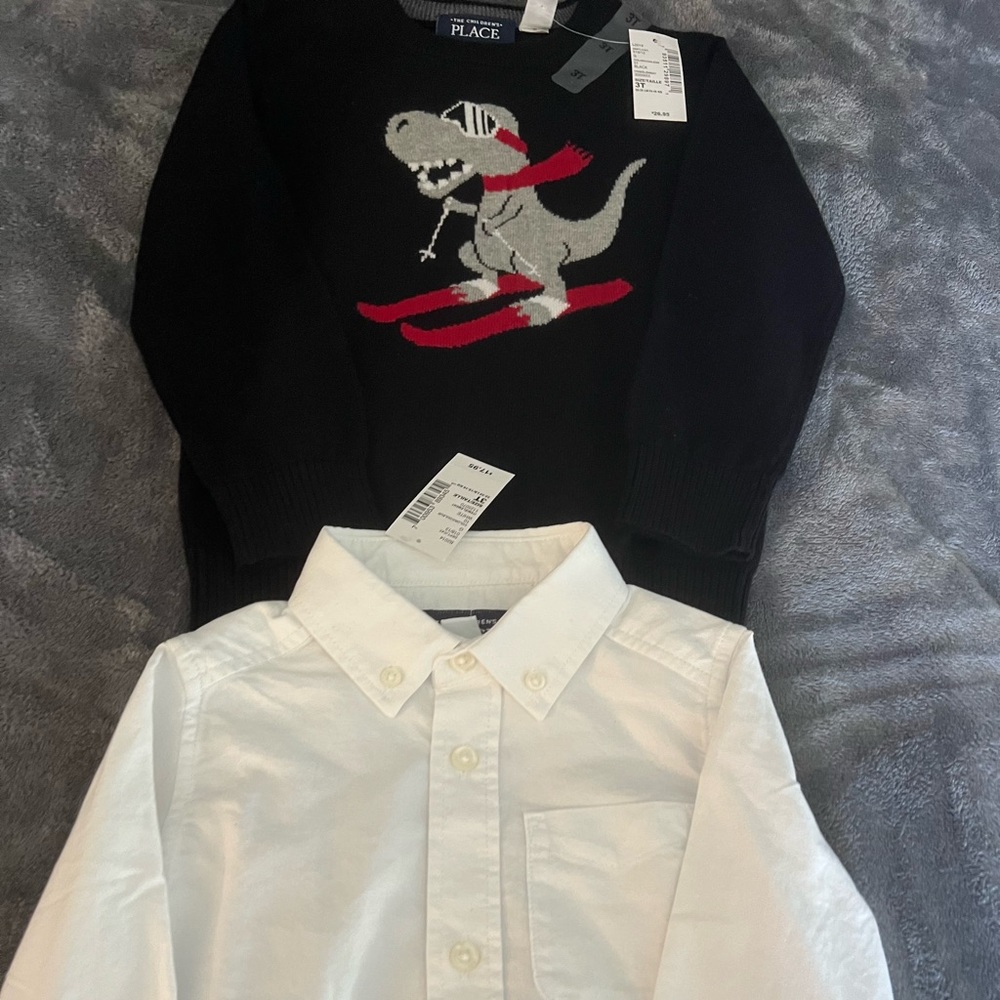 Boys White dress shirt and decorative winter sweater (both pieces for $20)